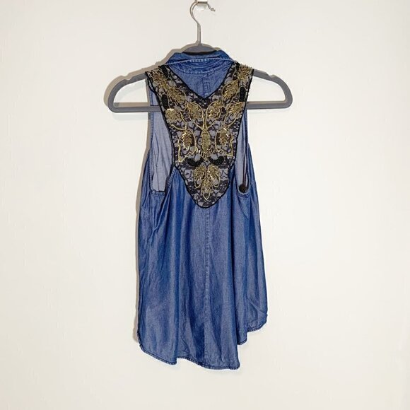 Guess angel wing beaded lace collared chambray button down shirt top blouse - Picture 3 of 8